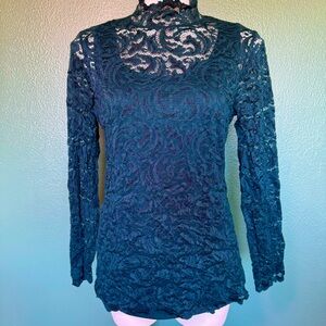 Isaac Mizrahi Live! Stretch Knit Lace Long-Sleeve Dark Green Top Built in Tank